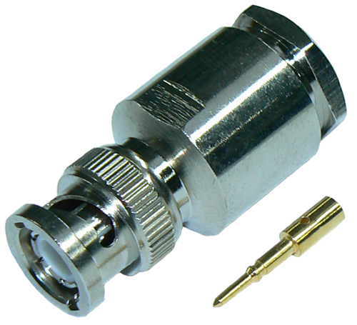 BNC male solder pin, clamp-style connector for RU400 and RU400-UF coaxial cables, DC-4 GHz, 50 Ohms – nickel plated